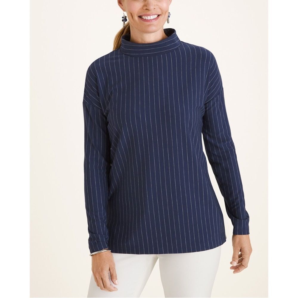 Chico's Navy Pinstriped Mock-Neck Long Sleeve Tunic Top Size Medium